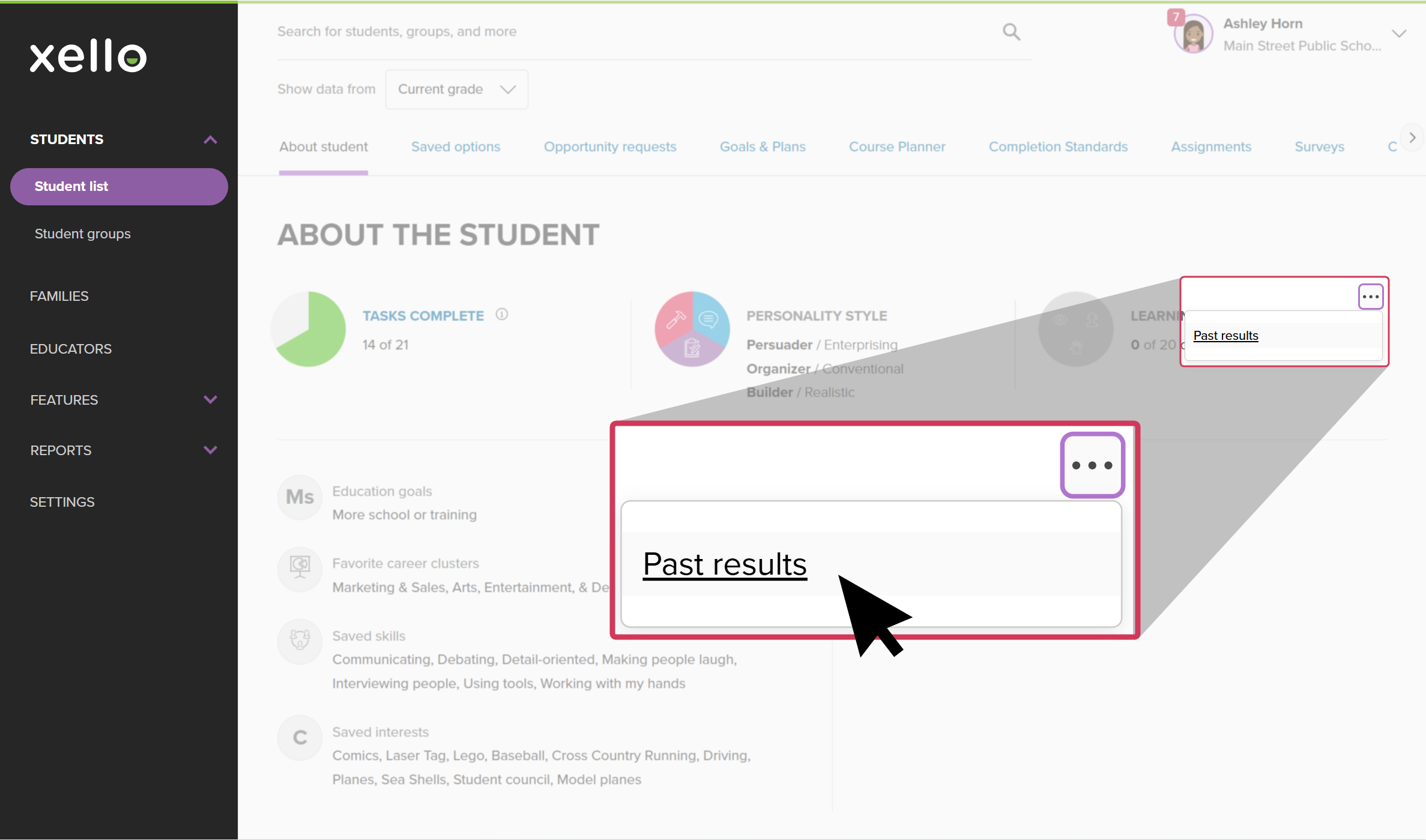 Student profile in Xello, open to the About student tab. Next to the Learning Styles assessment results, the cursor clicked the three-dot menu and is clicking Past results.